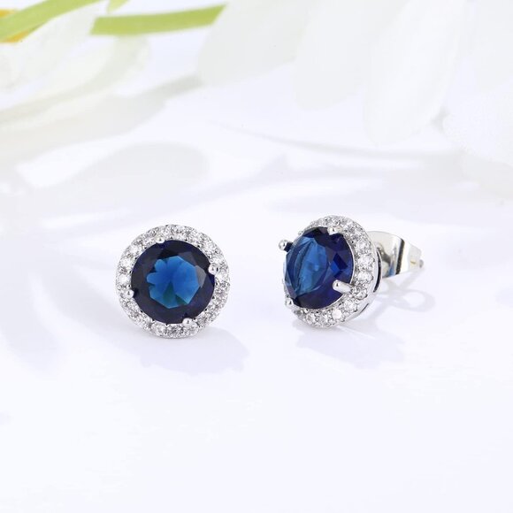 Women's Round Dark Blue Birthstone Elegant Mall Dainty Cubic Zirconia Earring - Picture 4 of 5